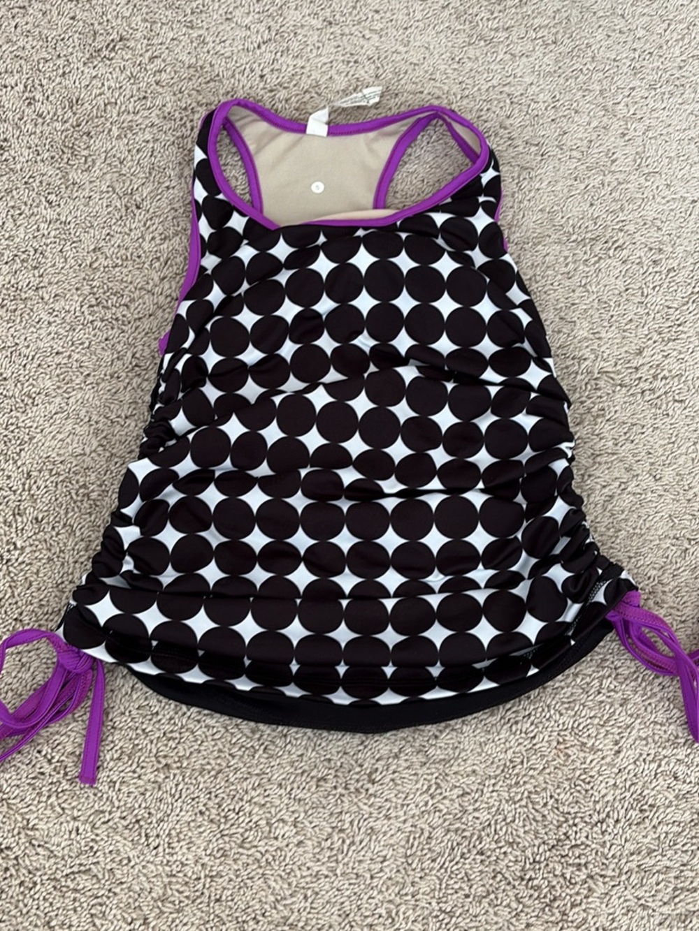 Black & White Polka Dot Tankini Top with Purple Trim